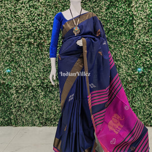 Purple Navy Blue Handloom Soft Silk Saree