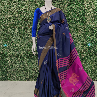 Purple Navy Blue Handloom Soft Silk Saree