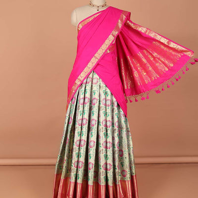 Green floral design art-silk half saree, contrast traditional zari border, zari design blouse & floral zari design dhavani