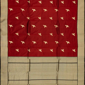 Maroon Handloom Banarasi Silk Saree With Bird Buttas & Contrast Border