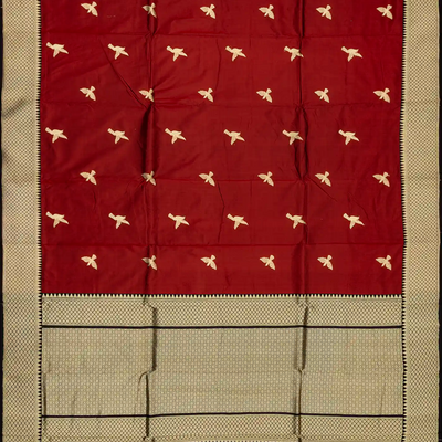 Maroon Handloom Banarasi Silk Saree With Bird Buttas & Contrast Border