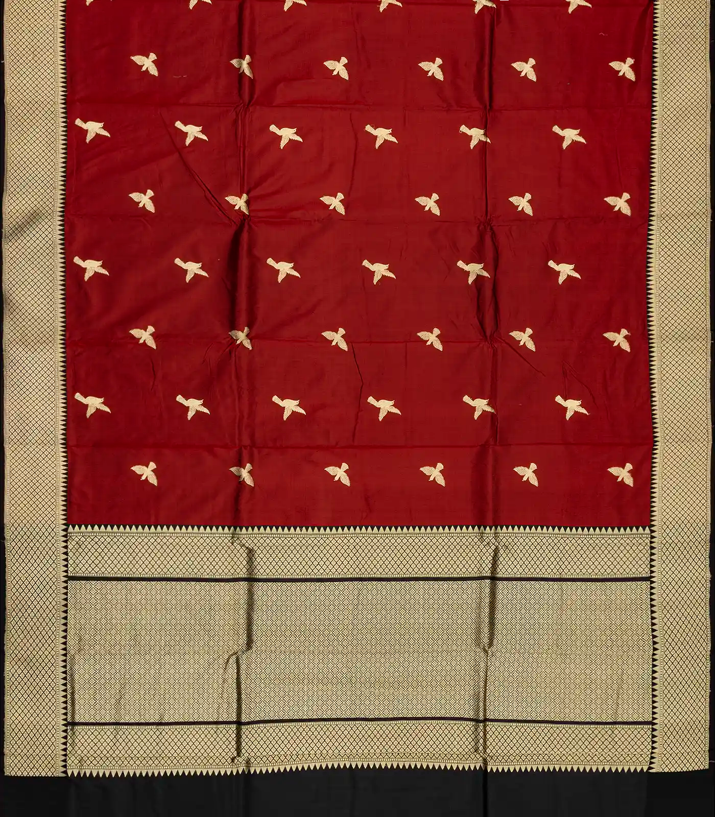 Maroon Handloom Banarasi Silk Saree With Bird Buttas & Contrast Border