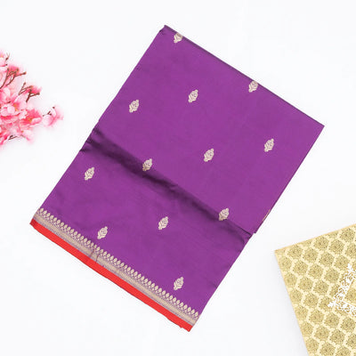 Purple Handloom Banarasi Silk Saree With Floral Buttas & Red Border