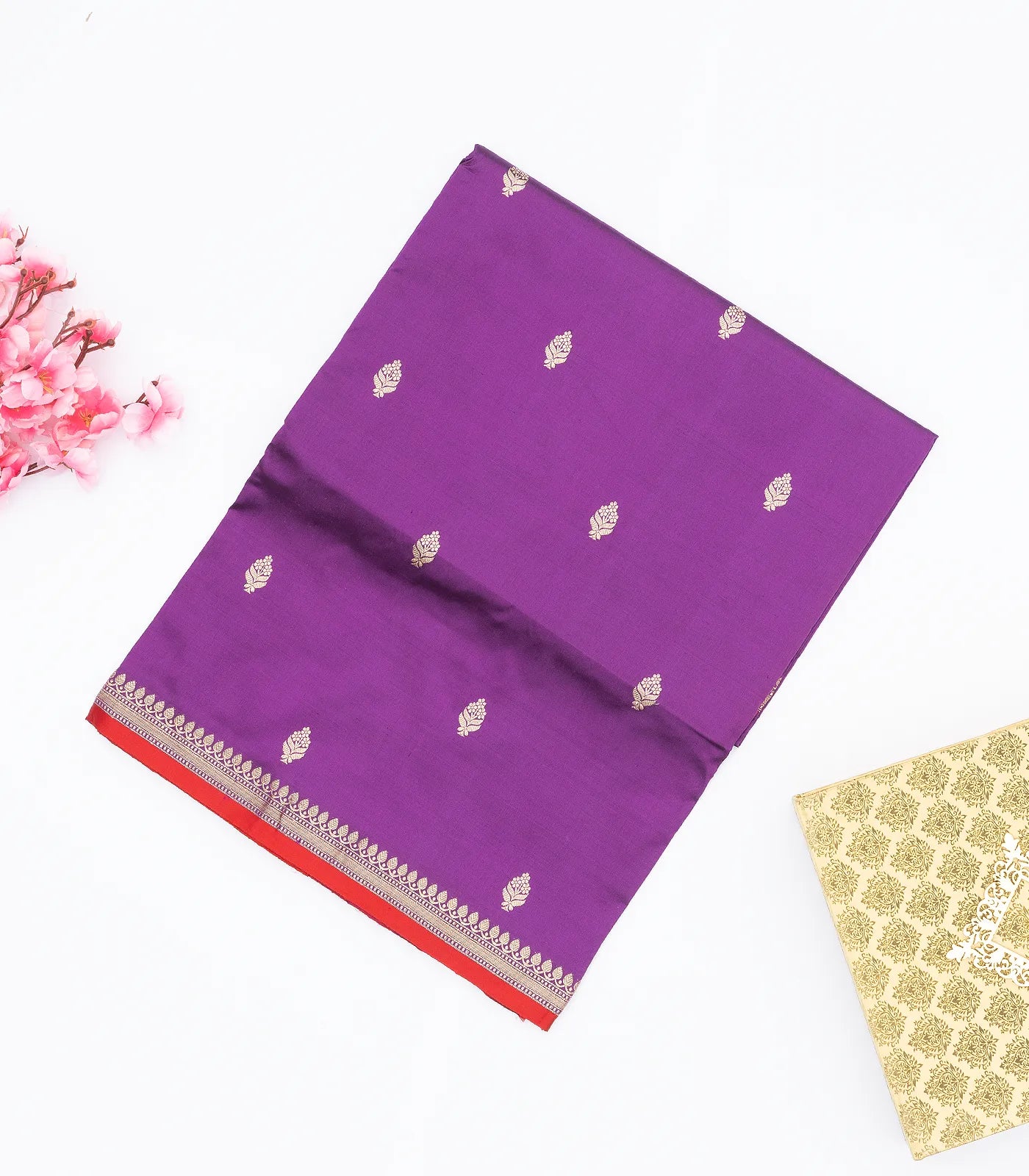 Purple Handloom Banarasi Silk Saree With Floral Buttas & Red Border