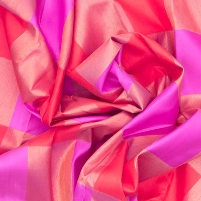 Pink & Peach Handloom Kanchipuram Silk Saree With Checks