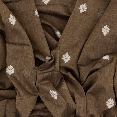 Dark Olive Handloom Bengal Cotton Saree With Floral Motifs