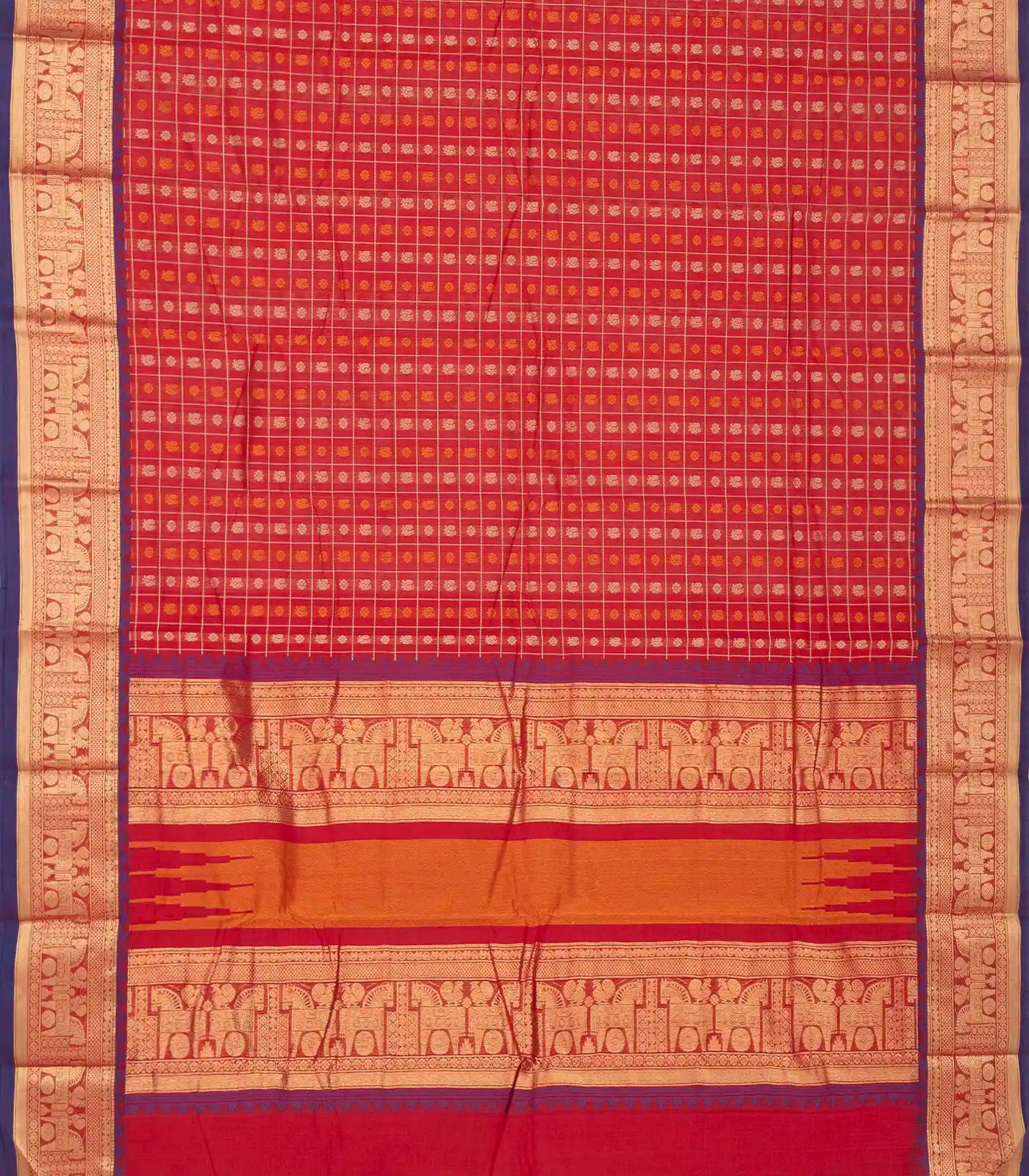 Red Handloom Kanchi Cotton Saree And Checks