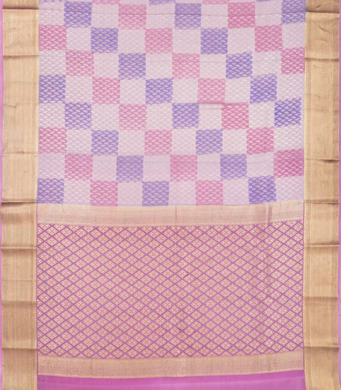 Lavender Mysore Crepe Silk Saree With Floral Buttas & Checks
