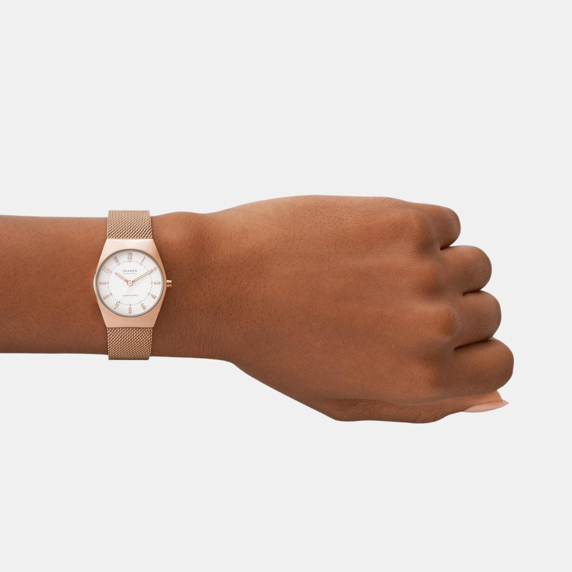Grenen Lille Solar Powered Women Solar White Dial Analog Stainless Steel Watch SKW3078