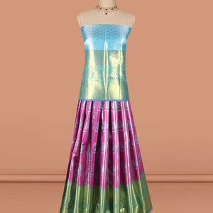 Pink checked with floral art-silk half saree, contrast traditional zari border,zari design blouse & argyle design dhavani