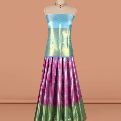 Pink checked with floral art-silk half saree, contrast traditional zari border,zari design blouse & argyle design dhavani