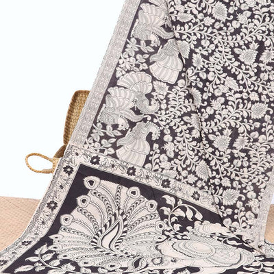 Black floral vine & peacock machine-printed kalamkari cotton saree, self-border & peacock motifs pallu