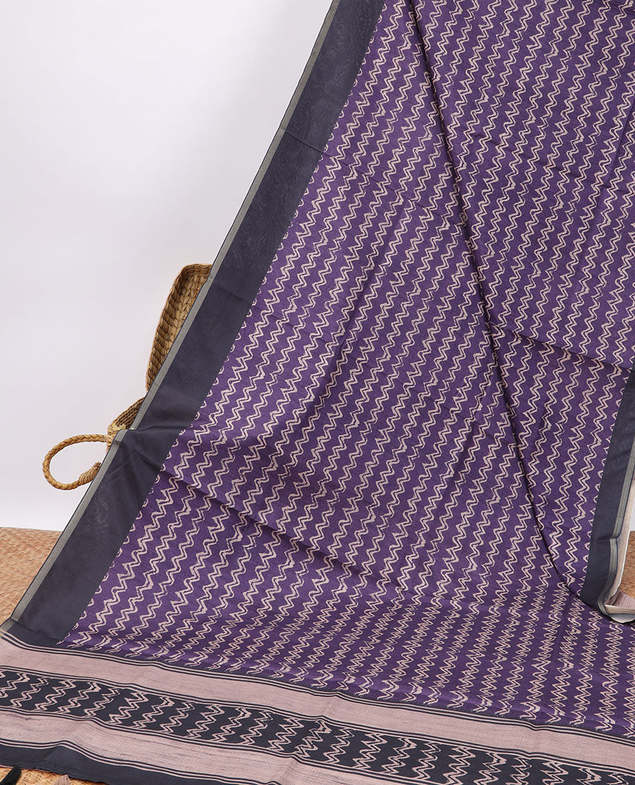Violet zig zag striped  semi-banaras tussar saree  with contrast zari border & striped pallu