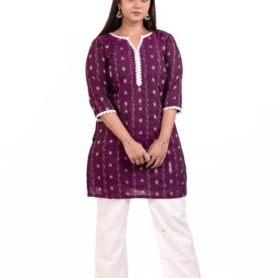 Purple Sambalpuri Odisha Ikat Designer Cotton Short Kurti for Women