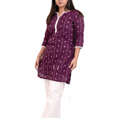 Purple Sambalpuri Odisha Ikat Designer Cotton Short Kurti for Women