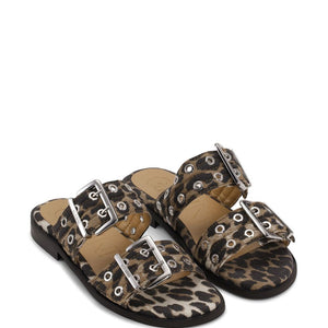 Ganni Leopard Denim Feminine Buckle Two-Strap Sandals