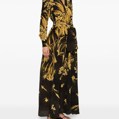 F.R.S . V-neck long sleeves Silk blend printed maxi dress
