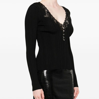 Self-Portrait Lace-trimmed ribbed top