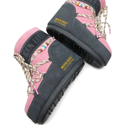 MOON BOOT X GUEST IN RESIDENCE LOW GREY AND PINK SUEDE BEADED ICON BOOT