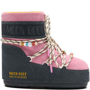 MOON BOOT X GUEST IN RESIDENCE LOW GREY AND PINK SUEDE BEADED ICON BOOT