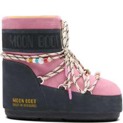 MOON BOOT X GUEST IN RESIDENCE LOW GREY AND PINK SUEDE BEADED ICON BOOT