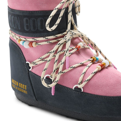 MOON BOOT X GUEST IN RESIDENCE LOW GREY AND PINK SUEDE BEADED ICON BOOT