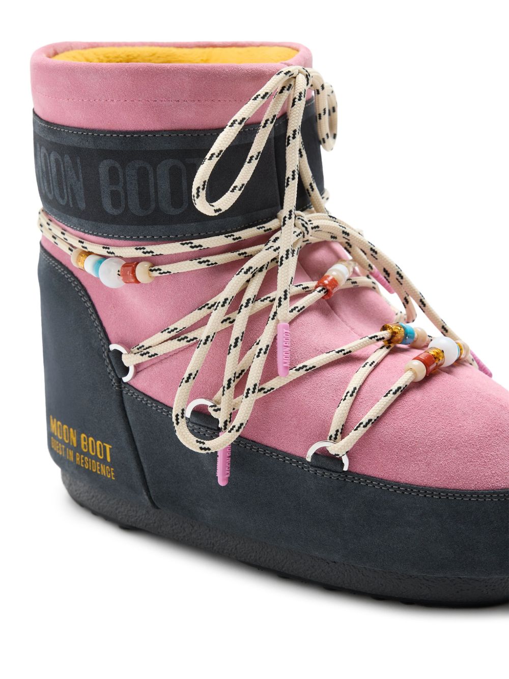MOON BOOT X GUEST IN RESIDENCE LOW GREY AND PINK SUEDE BEADED ICON BOOT
