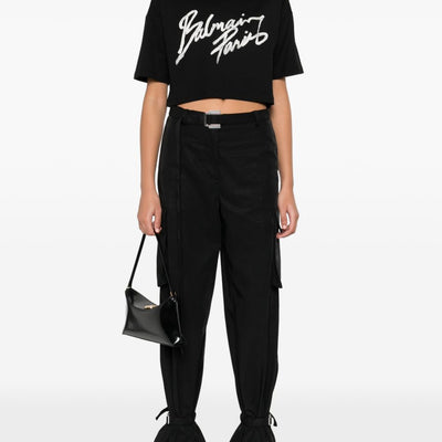 Balmain Cropped T-shirt with flocked Letter logo