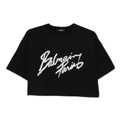 Balmain Cropped T-shirt with flocked Letter logo