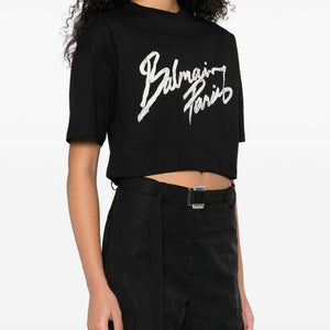 Balmain Cropped T-shirt with flocked Letter logo