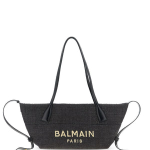 Balmain Track Small Tote Bag In Raffia And Calfskin