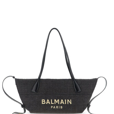Balmain Track Small Tote Bag In Raffia And Calfskin