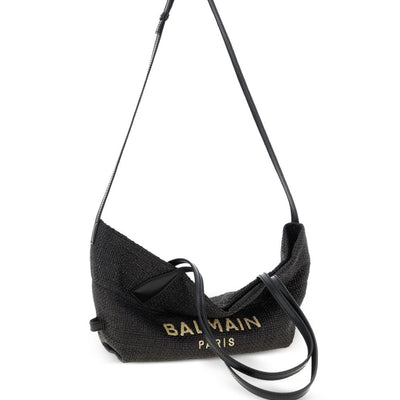 Balmain Track Small Tote Bag In Raffia And Calfskin