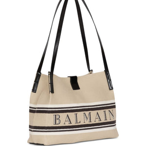 Balmain Medium Release Shopper Bag In Canvas And Calfskin