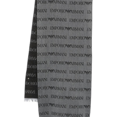 Emporio Armani Virgin Wool Blend Scarf With Jacquard Lettering Logo And Fringes
