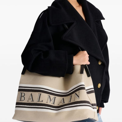 Balmain Medium Release Shopper Bag In Canvas And Calfskin