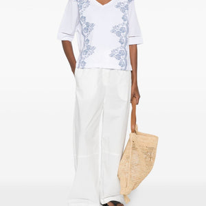 Ermanno Firenze V-neck short sleeves pointelle detailing Embroidered cotton t-shirt