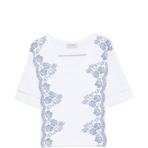 Ermanno Firenze V-neck short sleeves pointelle detailing Embroidered cotton t-shirt
