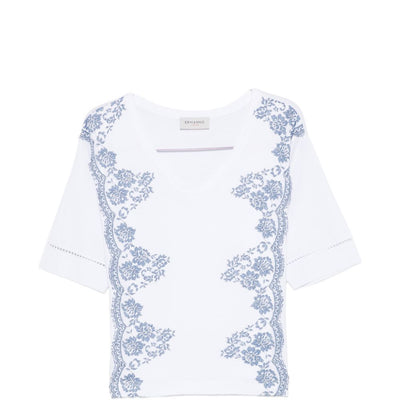 Ermanno Firenze V-neck short sleeves pointelle detailing Embroidered cotton t-shirt