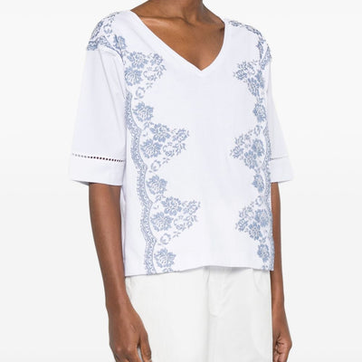 Ermanno Firenze V-neck short sleeves pointelle detailing Embroidered cotton t-shirt