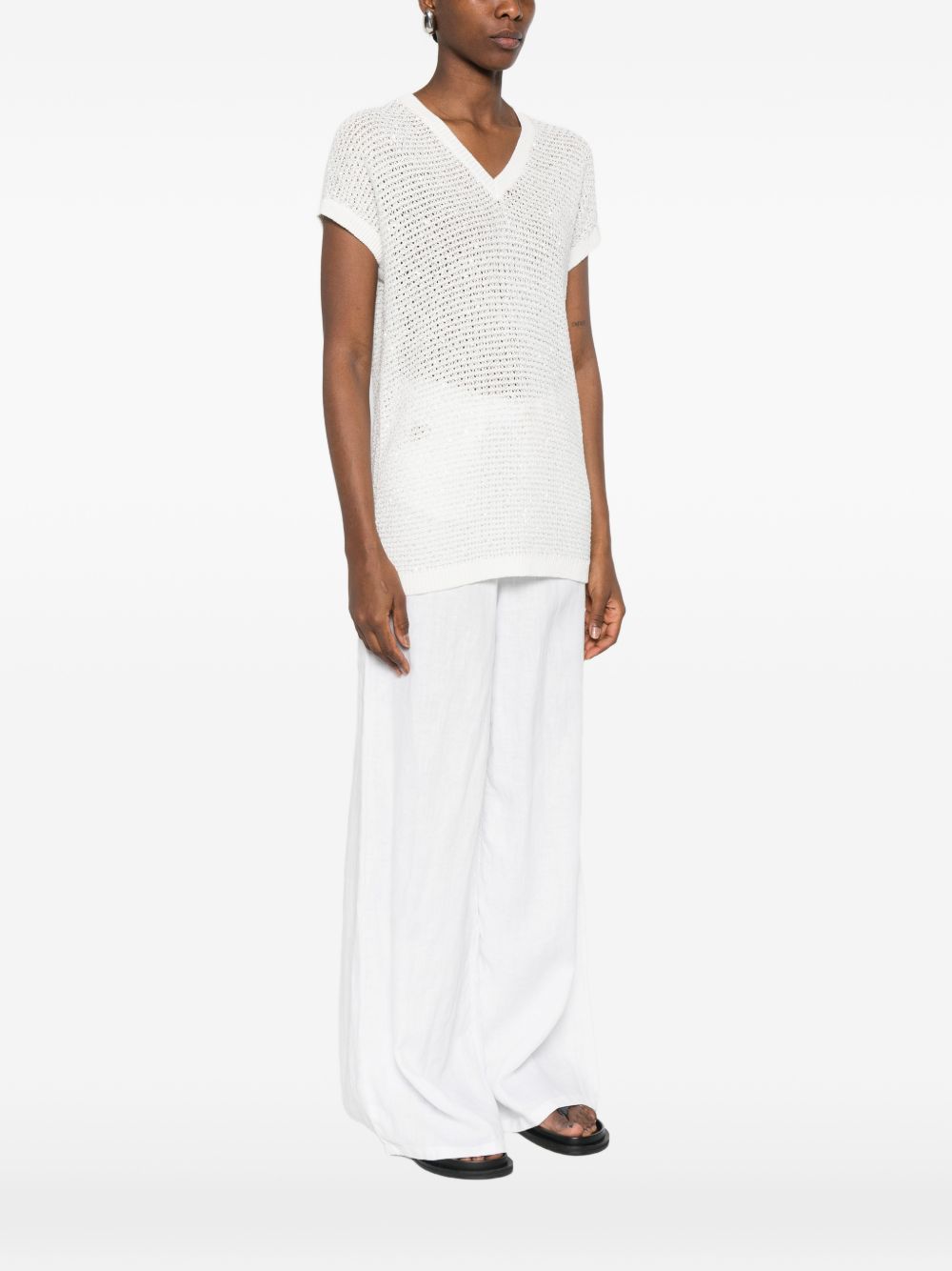 Fabiana Filippi V-neck short sleeves sequin embellishments Openwork top