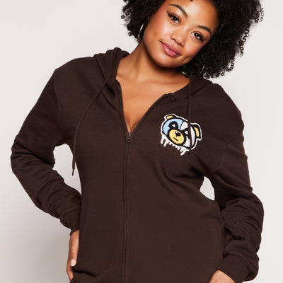 Plus Size Bear Chenille Graphic Zip Front Hoodie