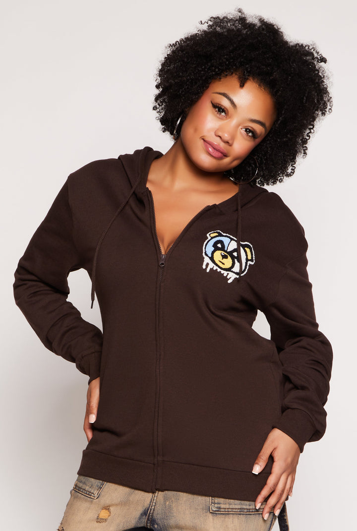 Plus Size Bear Chenille Graphic Zip Front Hoodie