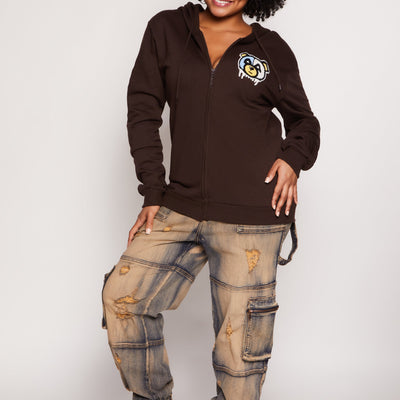 Plus Size Bear Chenille Graphic Zip Front Hoodie