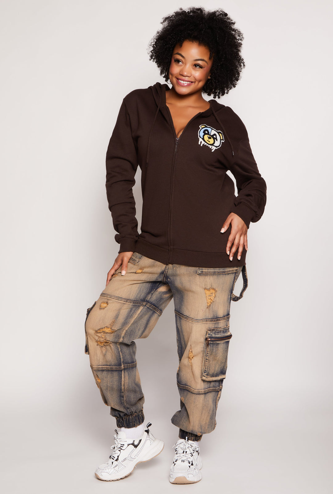 Plus Size Bear Chenille Graphic Zip Front Hoodie