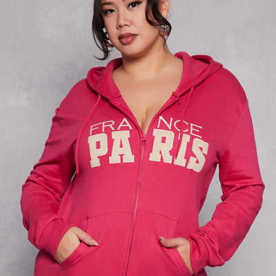 Plus Size France Paris Zip Front Hoodie