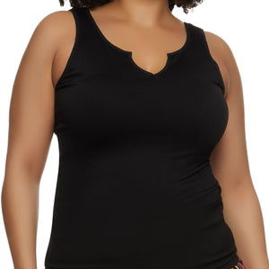 Plus Size Ribbed Notch Neck Tank Top
