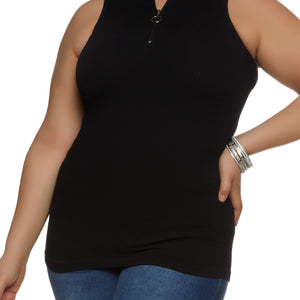 Plus Size Ribbed Sleeveless Zip Neck Top