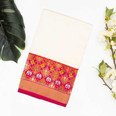 White Handloom Ikat Silk Saree With Contrast Pink Border