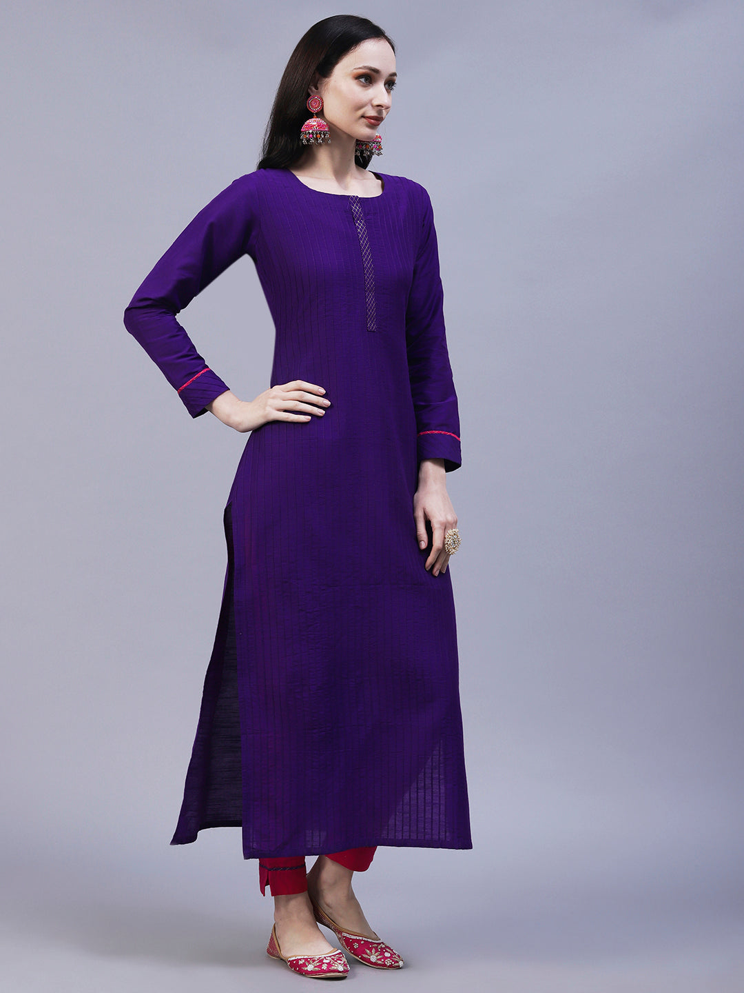 Solid Straight Fit Kurta with Pant - Purple